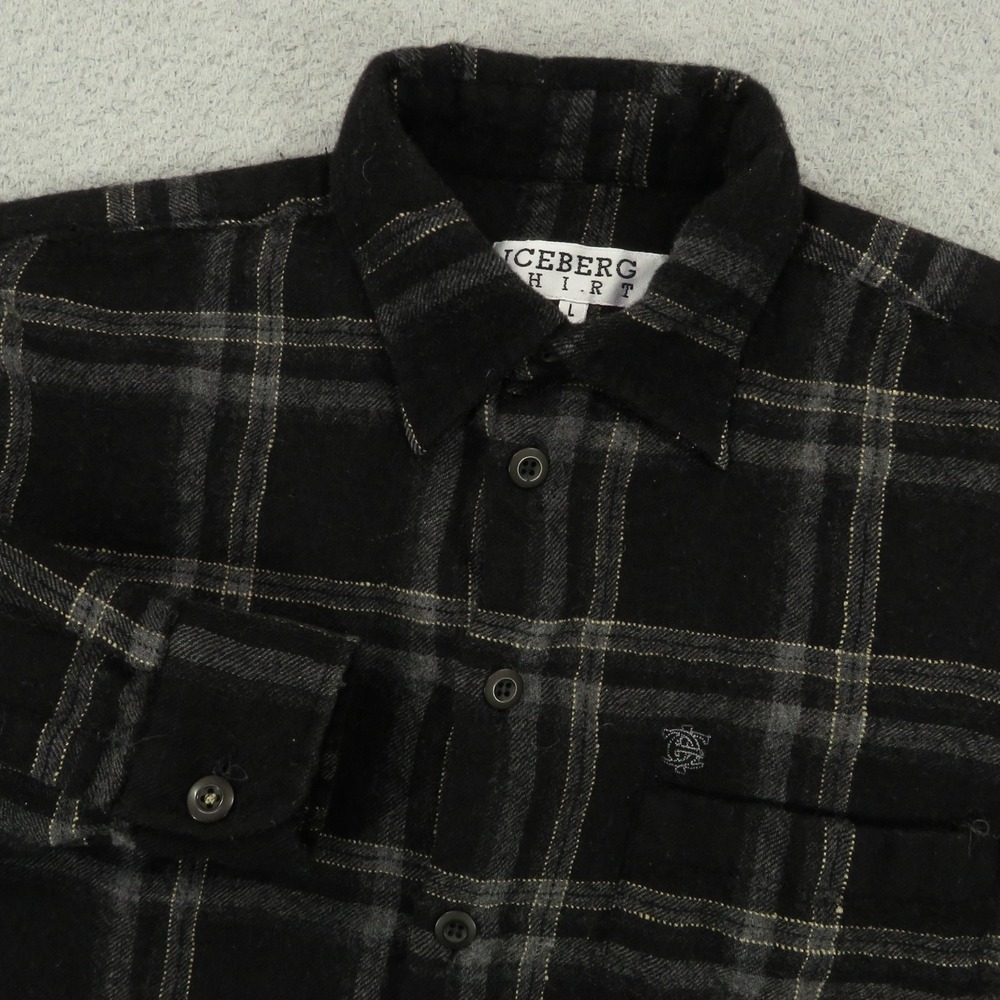 ICEBERG Shirt Mens Large Black Wool Shadow Plaid Long Sleeve Italian Button Up